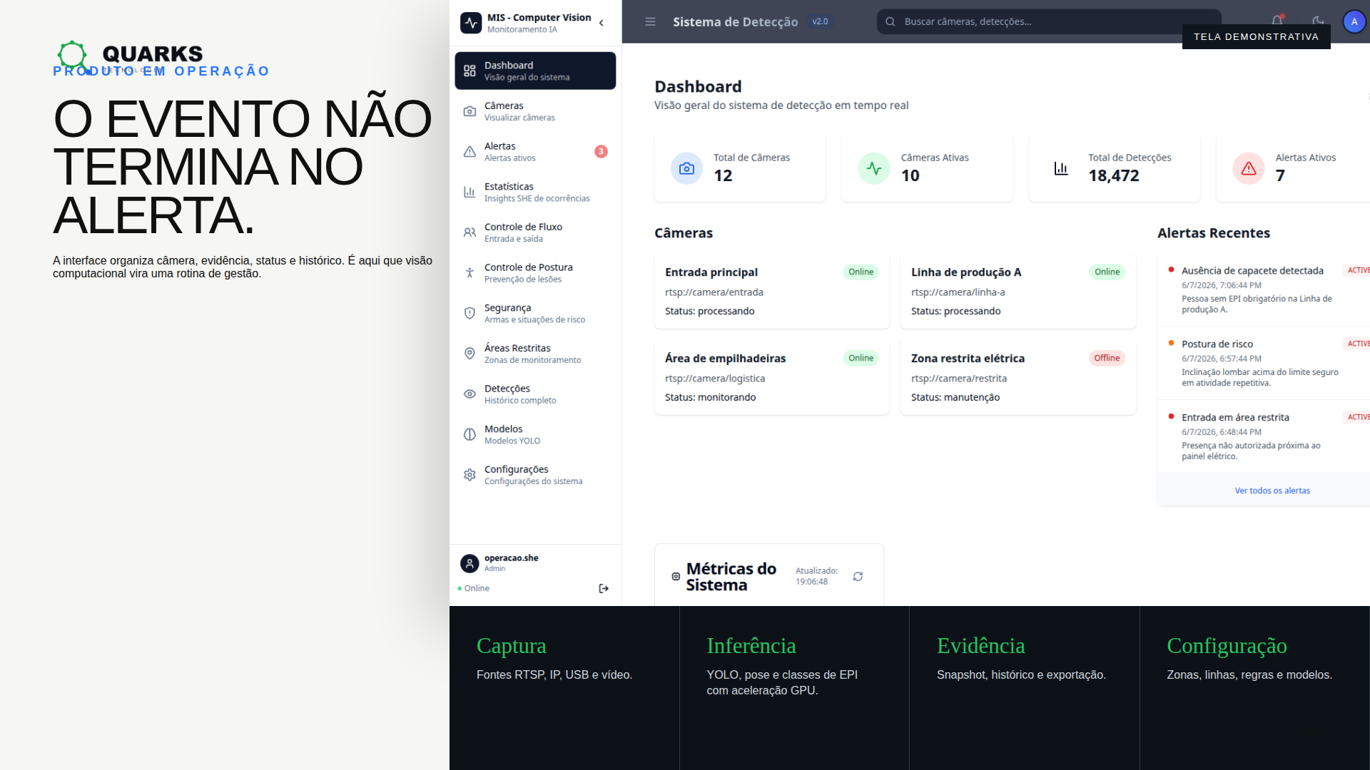 Slide da apresentação Quarks mostrando a plataforma MIS Vision, alertas e evidências